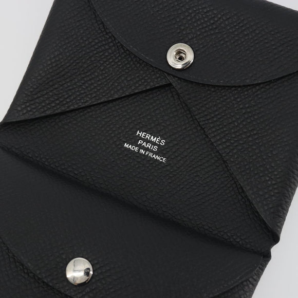 HERMES Calvi Duo Coin Purse Leather Black Silver Auth 196067V