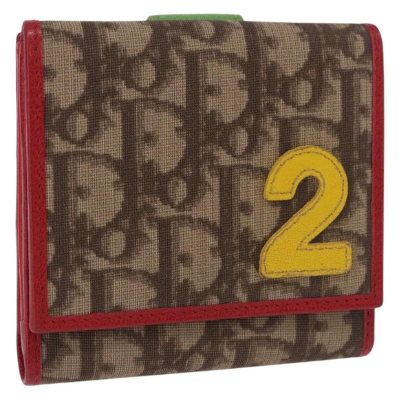 Christian Dior Trotter Canvas Compact Wallet PVC Beige Silver Auth 196069V