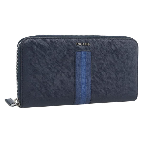 PRADA Long Wallet Safifano leather Navy Silver Auth 196073A