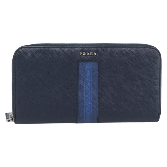 PRADA Long Wallet Safifano leather Navy Silver Auth 196073A