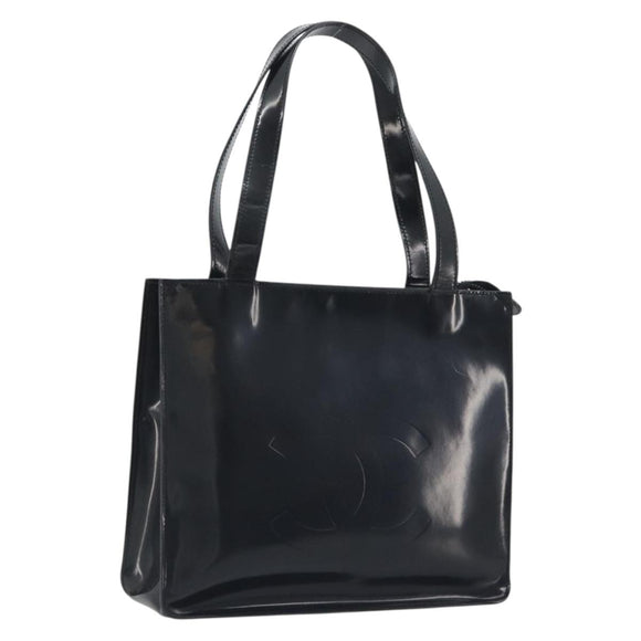 CHANEL Tote Bag Patent Black Silver CC Auth 196085
