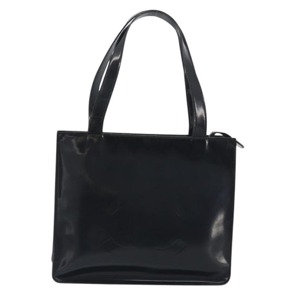 CHANEL Tote Bag Patent Black Silver CC Auth 196085