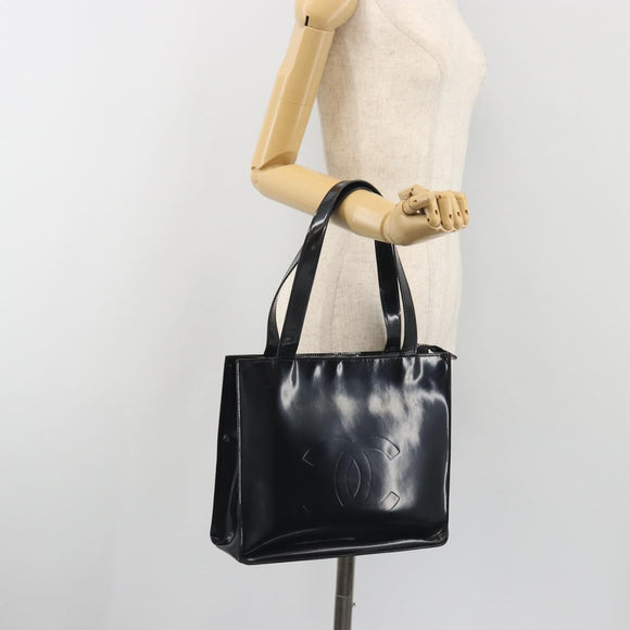 CHANEL Tote Bag Patent Black Silver CC Auth 196085