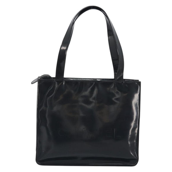CHANEL Tote Bag Patent Black Silver CC Auth 196085