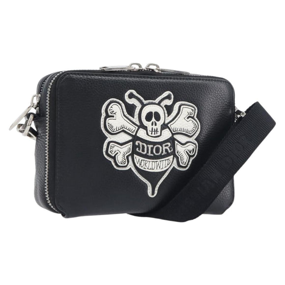 Christian Dior Shoulder Bag Leather Shawn Stussy Black Silver Auth 196095M