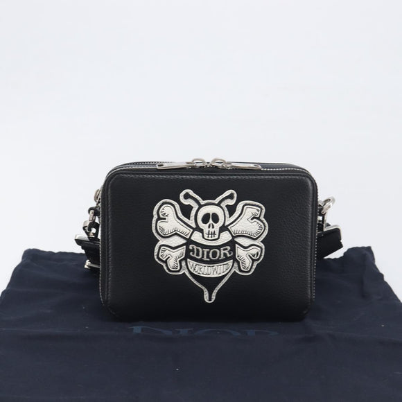 Christian Dior Shoulder Bag Leather Shawn Stussy Black Silver Auth 196095M