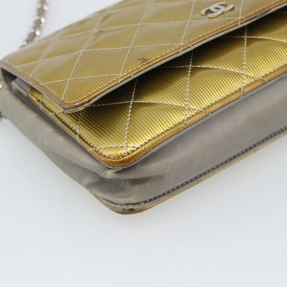 CHANEL Matelasse Chain Shoulder Wallet Patent Gold Silver CC Auth 196109