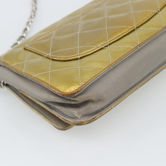 CHANEL Matelasse Chain Shoulder Wallet Patent Gold Silver CC Auth 196109