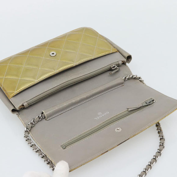 CHANEL Matelasse Chain Shoulder Wallet Patent Gold Silver CC Auth 196109