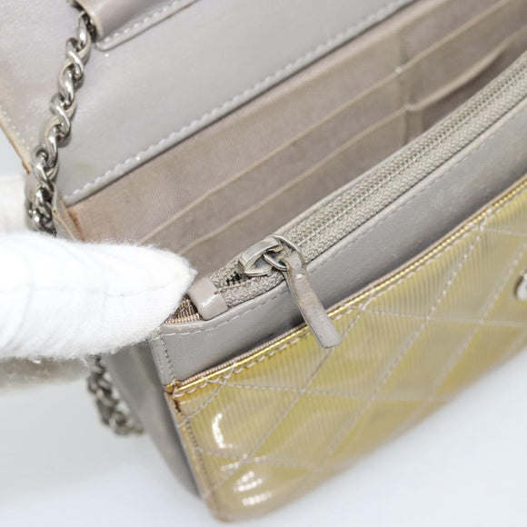 CHANEL Matelasse Chain Shoulder Wallet Patent Gold Silver CC Auth 196109