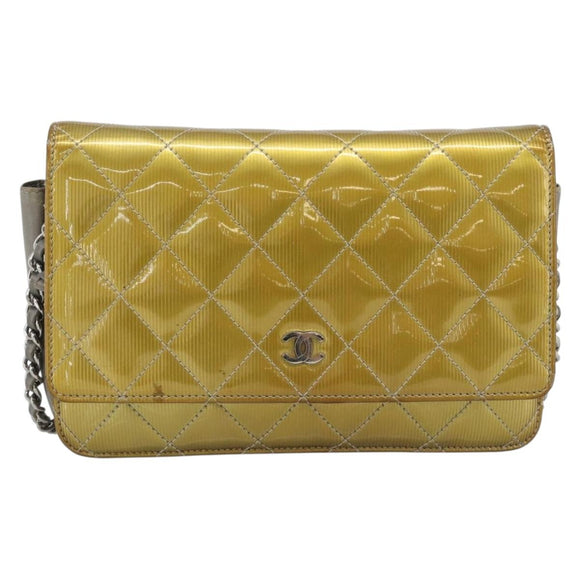 CHANEL Matelasse Chain Shoulder Wallet Patent Gold Silver CC Auth 196109