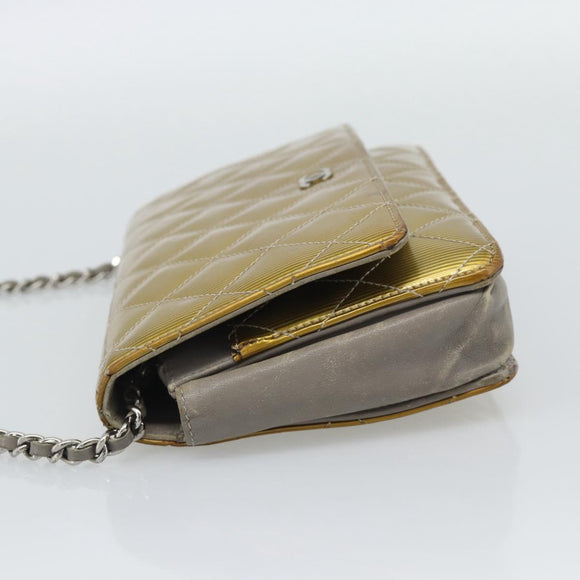 CHANEL Matelasse Chain Shoulder Wallet Patent Gold Silver CC Auth 196109
