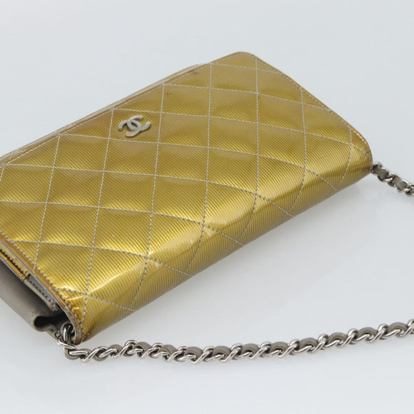 CHANEL Matelasse Chain Shoulder Wallet Patent Gold Silver CC Auth 196109