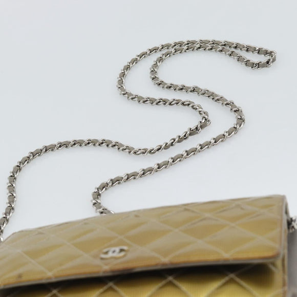 CHANEL Matelasse Chain Shoulder Wallet Patent Gold Silver CC Auth 196109
