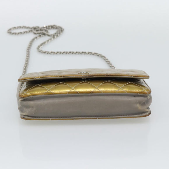 CHANEL Matelasse Chain Shoulder Wallet Patent Gold Silver CC Auth 196109
