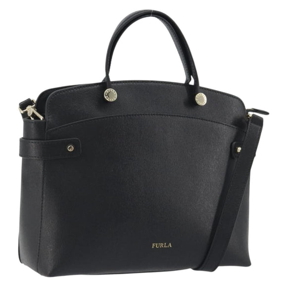 FURLA Hand Bag Leather 2way Black Gold Tone Auth 196110A