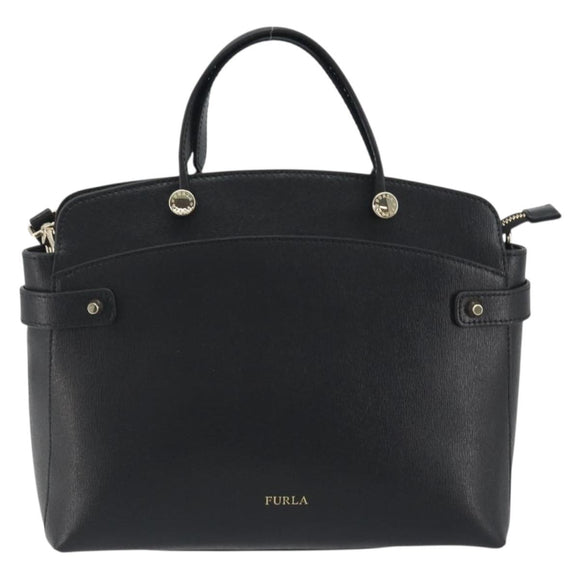FURLA Hand Bag Leather 2way Black Gold Tone Auth 196110A