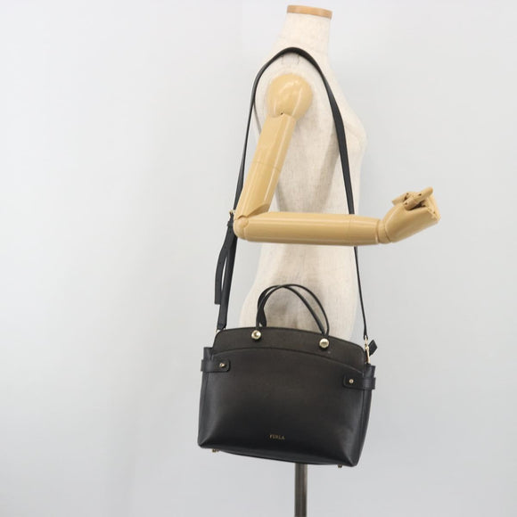 FURLA Hand Bag Leather 2way Black Gold Tone Auth 196110A