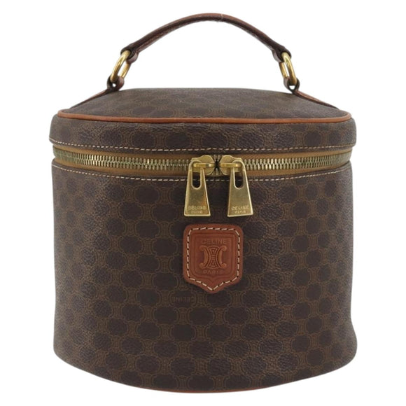 CELINE Macadam Vanity Cosmetic Pouch PVC Leather Brown Gold Tone Auth 196128A