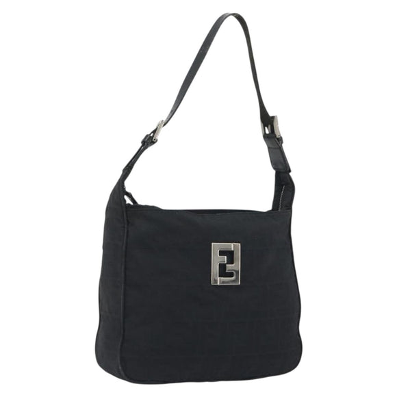 FENDI Zucca Canvas Shoulder Bag Black Silver Auth 196150