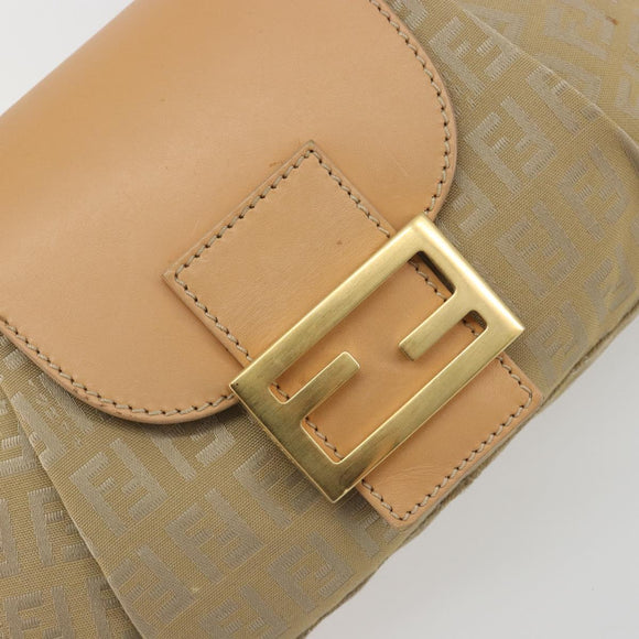 FENDI Zucchino Canvas Mamma Baguette Shoulder Bag Beige Gold Auth 196156V