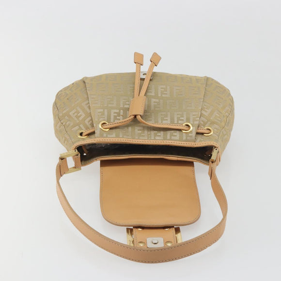 FENDI Zucchino Canvas Mamma Baguette Shoulder Bag Beige Gold Auth 196156V