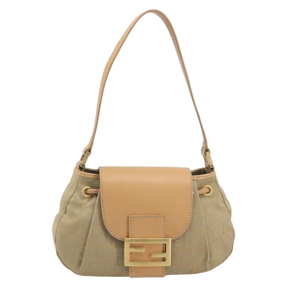 FENDI Zucchino Canvas Mamma Baguette Shoulder Bag Beige Gold Auth 196156V
