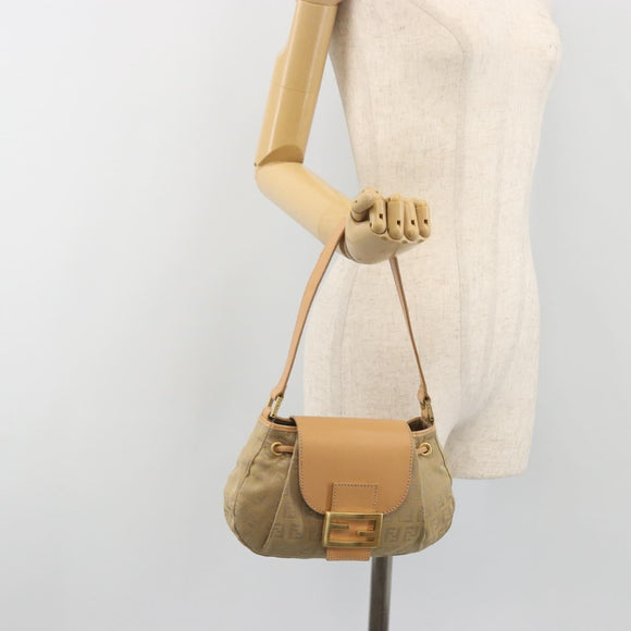 FENDI Zucchino Canvas Mamma Baguette Shoulder Bag Beige Gold Auth 196156V
