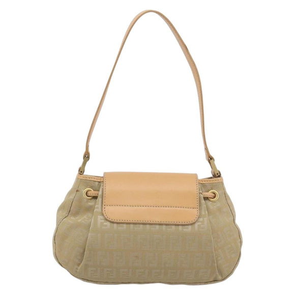 FENDI Zucchino Canvas Mamma Baguette Shoulder Bag Beige Gold Auth 196156V