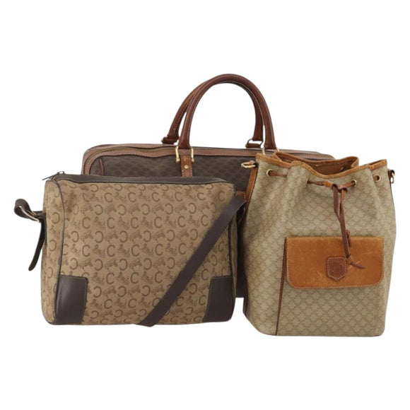 CELINE Macadam Canvas Shoulder Bag PVC Leather 3 Set Brown Beige Auth 196166