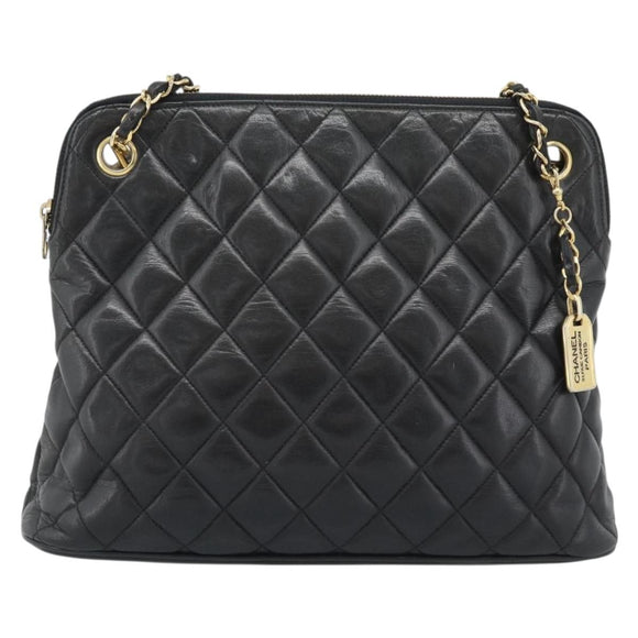 CHANEL Matelasse Chain Shoulder Bag Lamb Skin Black Gold Tone CC Auth 196177