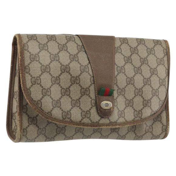 GUCCI GG Supreme Web Sherry Line Clutch Bag PVC Beige Gold Tone Auth 196180