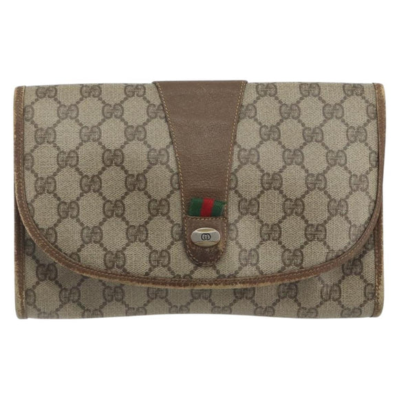 GUCCI GG Supreme Web Sherry Line Clutch Bag PVC Beige Gold Tone Auth 196180
