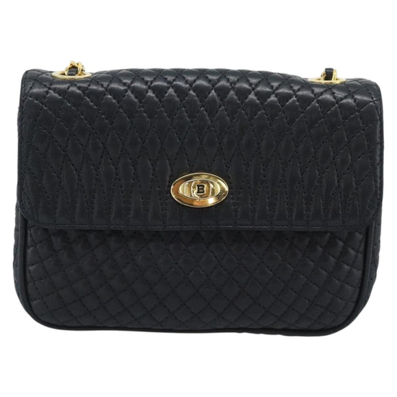 BALLY Chain Shoulder Bag Leather Black Gold Tone Auth 196184