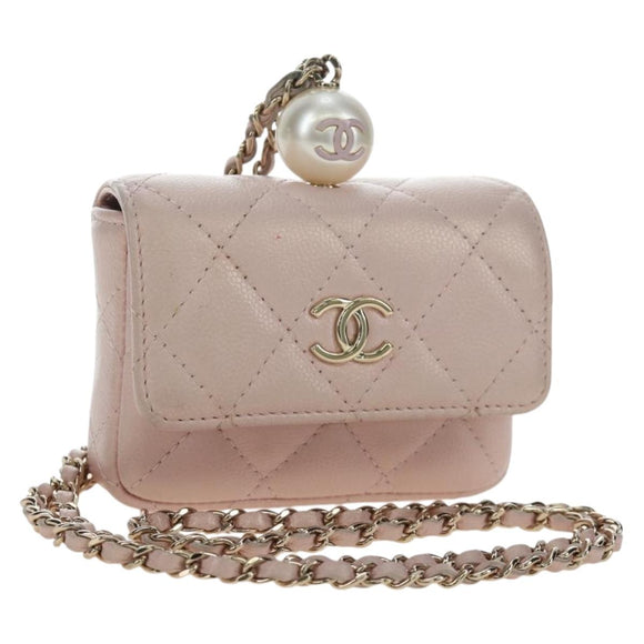 CHANEL Matelasse Chain Shoulder Pouch Caviar Skin Pink Gold Tone CC Auth 196186V