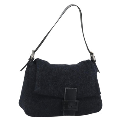 FENDI Mamma Baguette Shoulder Bag Wool Navy Silver Auth 196191