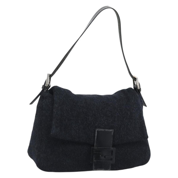 FENDI Mamma Baguette Shoulder Bag Wool Navy Silver Auth 196191