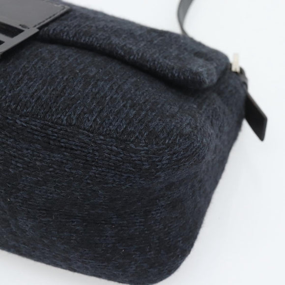 FENDI Mamma Baguette Shoulder Bag Wool Navy Silver Auth 196191