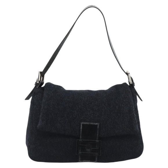 FENDI Mamma Baguette Shoulder Bag Wool Navy Silver Auth 196191