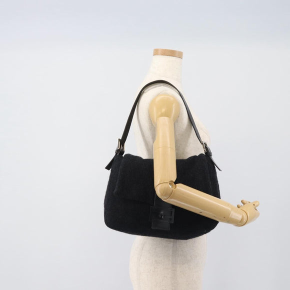 FENDI Mamma Baguette Shoulder Bag Wool Navy Silver Auth 196191
