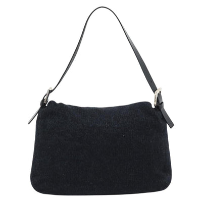 FENDI Mamma Baguette Shoulder Bag Wool Navy Silver Auth 196191 - 0