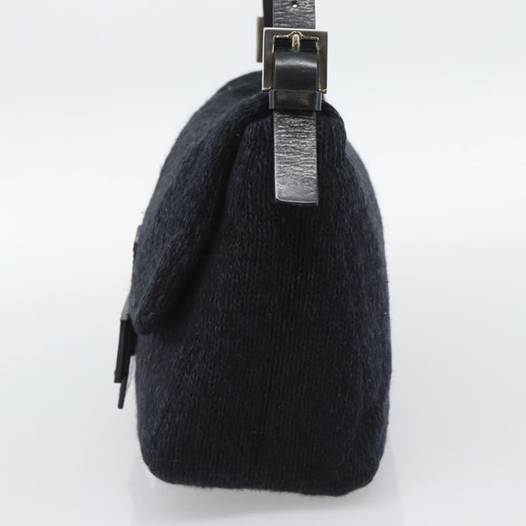 FENDI Mamma Baguette Shoulder Bag Wool Navy Silver Auth 196191