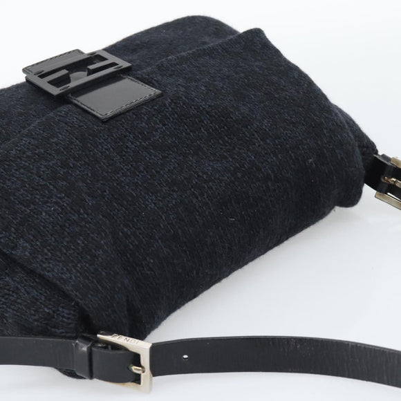 FENDI Mamma Baguette Shoulder Bag Wool Navy Silver Auth 196191