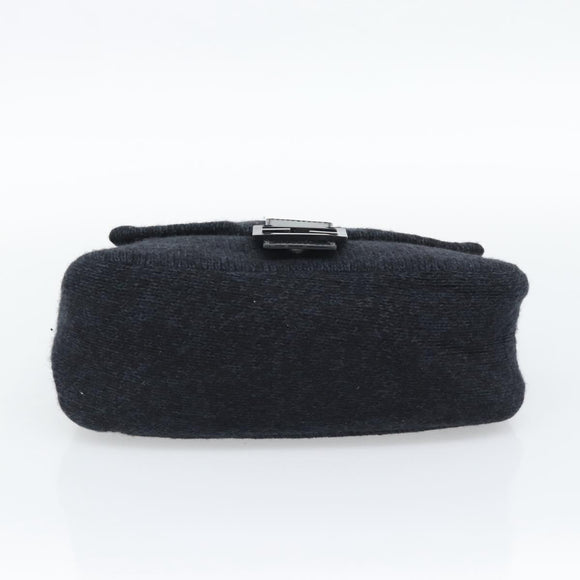 FENDI Mamma Baguette Shoulder Bag Wool Navy Silver Auth 196191