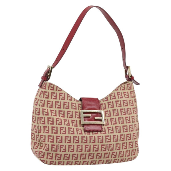 FENDI Zucchino Canvas Shoulder Bag Red Gold Tone 8BR036 Auth 196201A