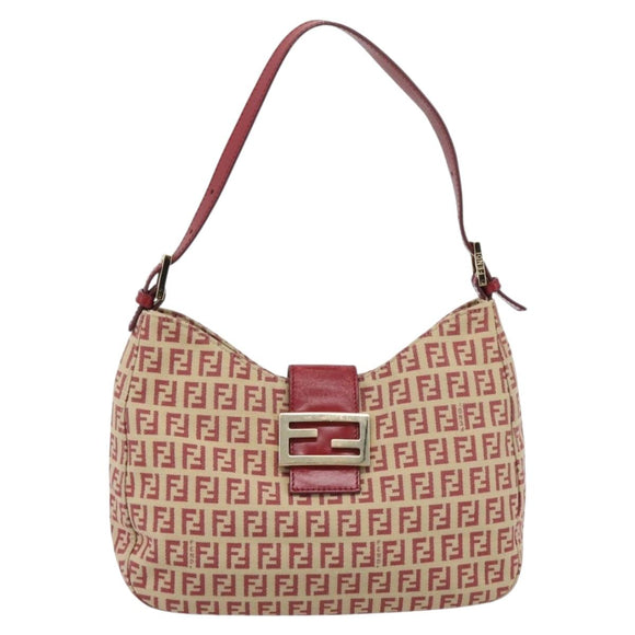 FENDI Zucchino Canvas Shoulder Bag Red Gold Tone 8BR036 Auth 196201A