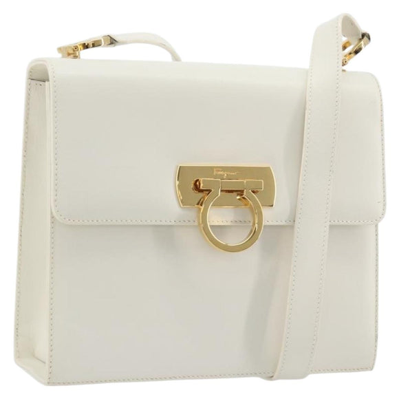 Salvatore Ferragamo Gancini Shoulder Bag Leather White Gold Tone Auth 196208