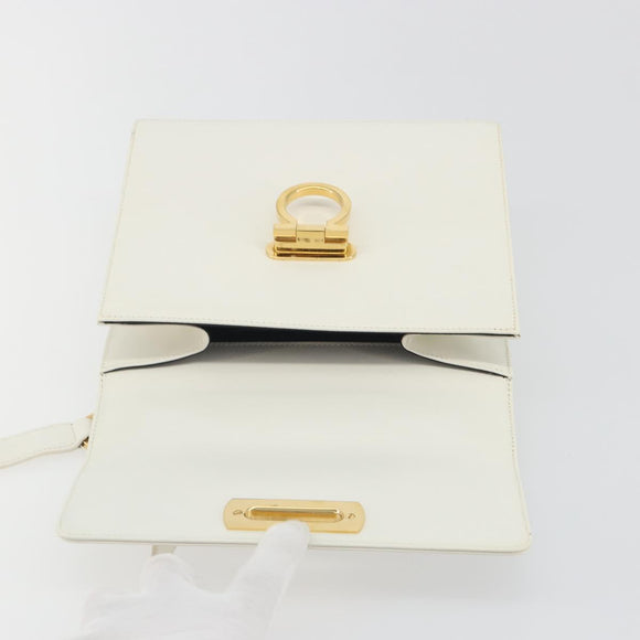 Salvatore Ferragamo Gancini Shoulder Bag Leather White Gold Tone Auth 196208