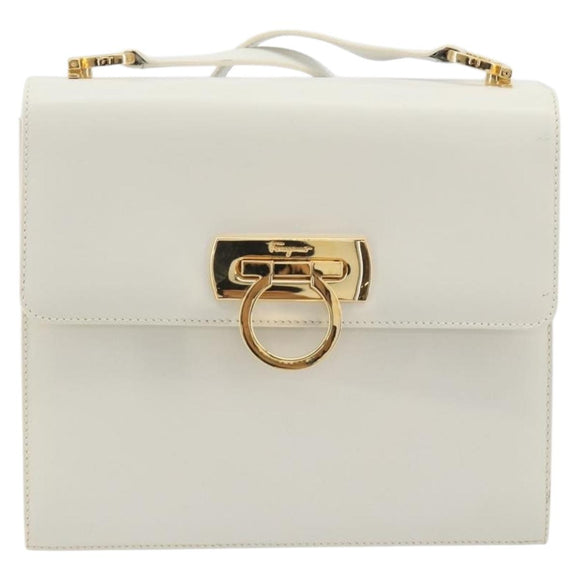 Salvatore Ferragamo Gancini Shoulder Bag Leather White Gold Tone Auth 196208