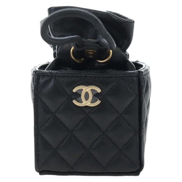 CHANEL Matelasse Chain Shoulder Pouch Lamb Skin Black Gold Tone CC Auth 196221M